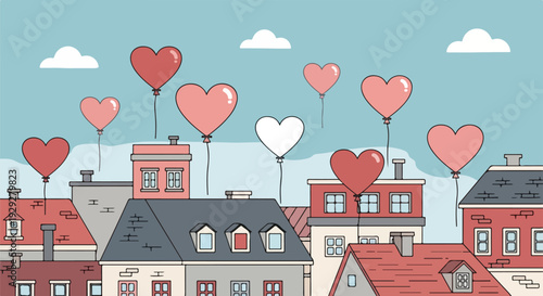 Animated buildings scene with heart-shaped balloons floating in a blue sky