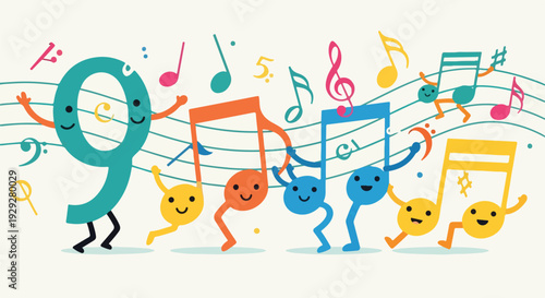 Animated musical notes and numbers dancing playfully on musical staff lines