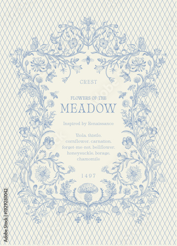 Flowers of the Meadow. Floral crest. Vector vintage illustration. Inspired by the Renaissance. Blue and white