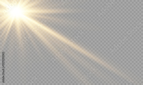Vector transparent yellow sunlight lens flare effect. Radiant sun rays. Warm glow. Natural glare. High-quality light burst for design and photo overlay.	