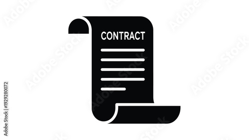 Simple black and white icon depicting a formal legal document labeled contract with rolled edges representing agreement and official paperwork