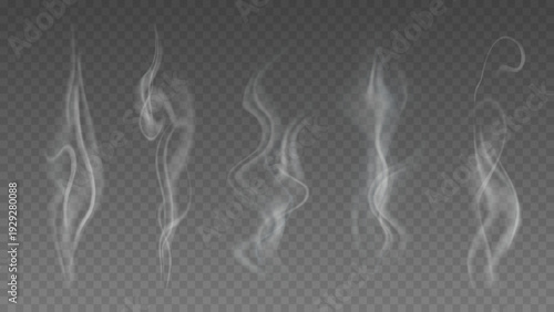 Smoke isolated on transparent background. Vector fog, vapor set.	
