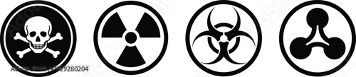 Black and white warning signs with skull crossbones radiation biohazard and trefoil on white background