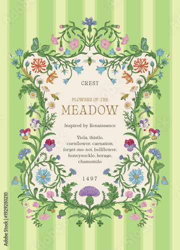 Flowers of the Meadow. Floral crest. Vector vintage illustration. Inspired by the Renaissance. Green stripes