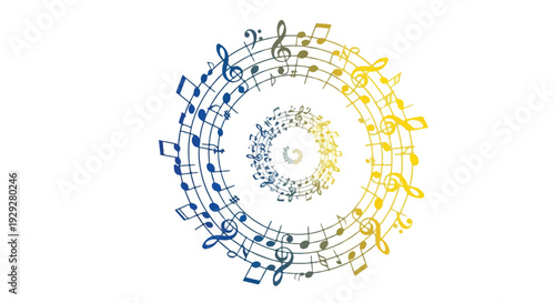 Artistic depiction of musical notes spiraling inwards, on white