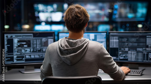 Wallpaper Mural Rear view of faceless professional IT technical support, cybersecurity specialist, programmer, hacker works at computers with digital screens, surveillance maps, defocused background, with Torontodigital.ca