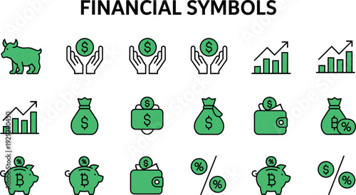 Green financial symbols money dollar financial, symbols, green, money, dollar, percent, piggy bank, wallet, bag, graph, chart, hands, bull, cryptocurrency, bitcoin, collection, white, background, incl