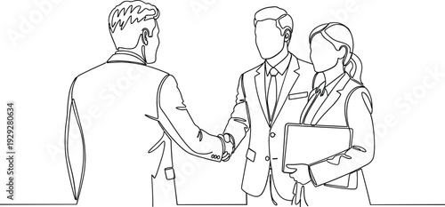 Professional business people shaking hands after successful meeting in minimalist continuous line art style corporate partnership vector.