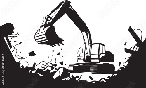 Black excavator demolishing building demolition construction