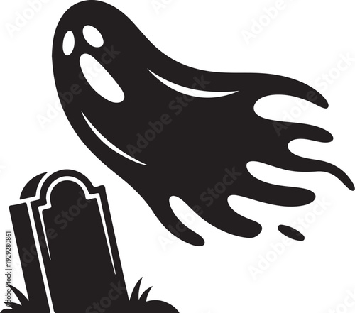 Black ghost flying over gravestone tombstone white