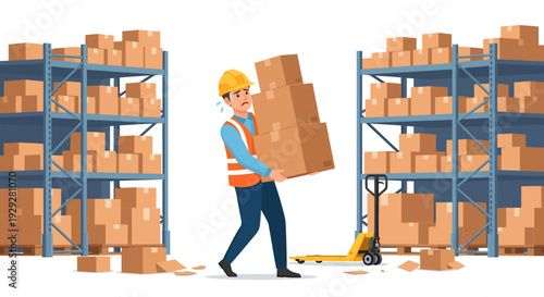 A perspiring warehouse worker in a yellow hard hat and safety vest struggles to carry a heavy, towering stack of cardboard boxes between tall storage racks, completely ignoring the nearby pallet jack