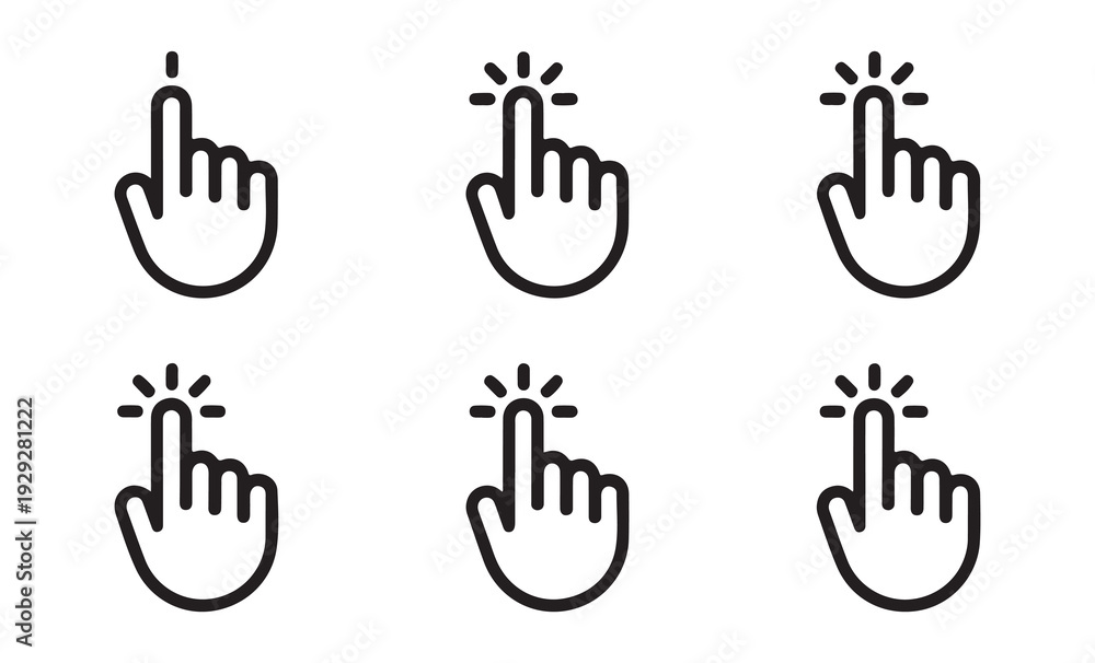 Fototapeta premium Clicking hand cursor icon set with various stages of interaction, isolated on white background