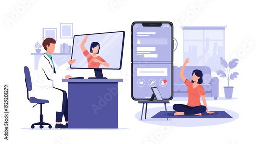 Doctor monitoring patient's yoga practice remotely through digital screen in modern office setting