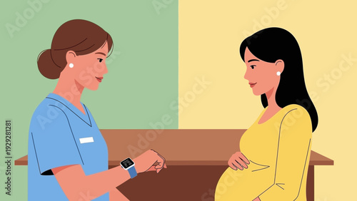 Pregnant woman consulting a healthcare professional in a clinical setting