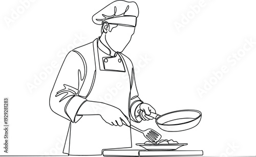 Professional male chef in uniform and hat cooking food in a pan with spatula minimalist line art vector illustration.