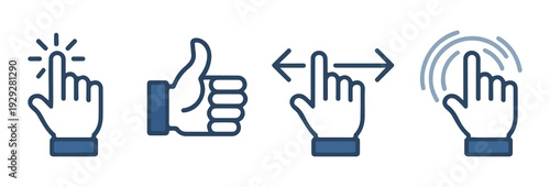 Blue hand gestures set featuring thumbs up like icon swipe movement and touch ripple effect for mobile app