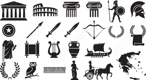 Ancient Greece civilization icons with parthenon temple columns spartan warriors and olympic laurel wreaths