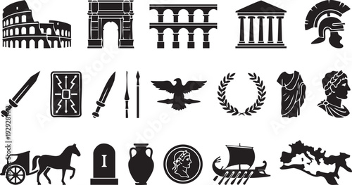 Ancient Rome history icons set featuring coliseum arch temple gladiators and roman empire map silhouettes