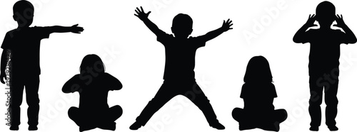 Black silhouettes of children in various poses kids