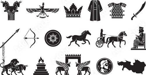 Persian empire symbols including winged lion crown architecture and ancient warfare