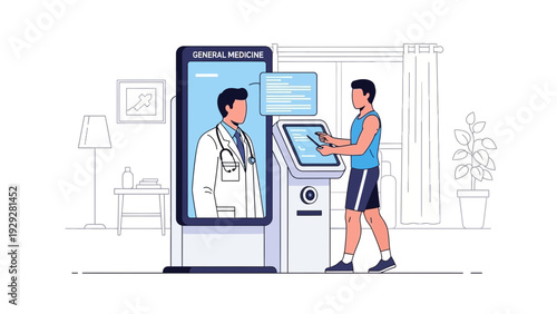 Man interacting with digital doctor interface on futuristic medical device