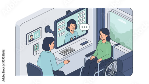 Medical consultation between doctor and patient in wheelchair in a modern clinic setting viewed from behind