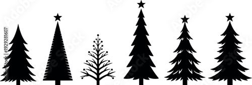 Christmas Tree Silhouette Vector Set with Fir and Pine Shapes for Holiday Decoration, Winter Design, Craft Projects, Stickers, and Seasonal Graphics