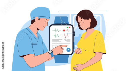 Expectant mother and doctor reviewing pregnancy scan on mobile device in medical setting