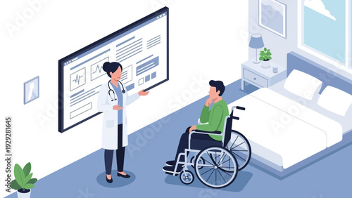 Doctor explaining medical chart to patient in wheelchair beside hospital bed