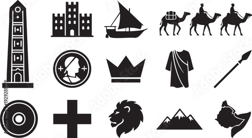 Set of ancient egypt black vector icons on transparent background: obelisk, castle, boat, camels, queen, crown, tunic, spear, shield, cross, lion, mountain, map