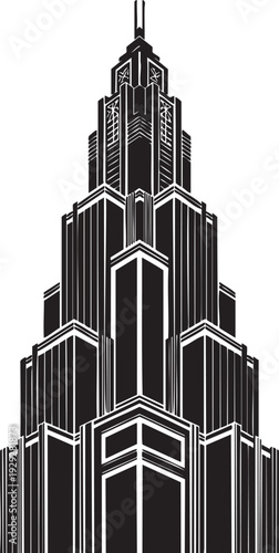 Monochromatic geometric Art Deco skyscraper illustration, a towering architectural marvel in a classic black and white design