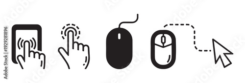 Collection of icons depicting computer mouse, cursors, and touch screen interactions