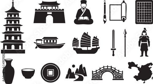 Ancient chinese culture and history icons set, traditional symbols of dynastic china, scholars, and martial arts.