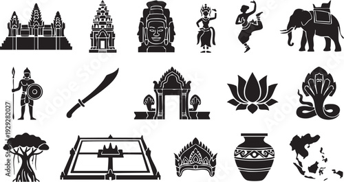Ancient khmer empire symbols and historical icons, detailed glyphs of cambodian heritage and spiritual art.