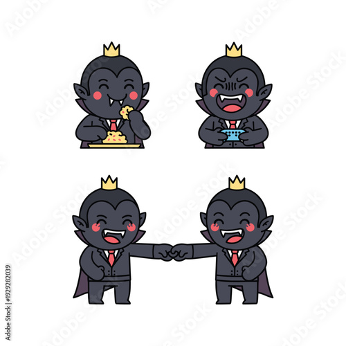 Cartoon devils in suits shaking hands with copy space