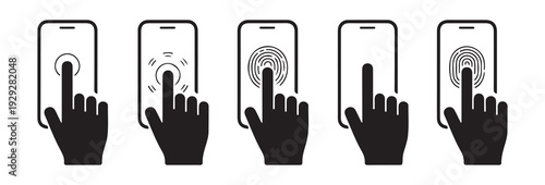 Biometric fingerprint scanning on mobile phone screen icons with hand silhouette pressing digital sensor area