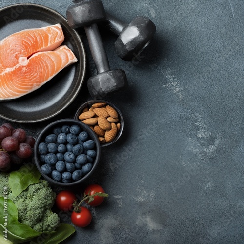 Healthy food and fitness concept with salmon, berries, nuts, and dumbbells, symbolizing nutrition for strength and active lifestyle.