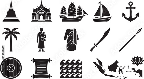 Ancient southeast asian culture and history glyph icons set. symbols of spirituality, trade, and traditional life in a detailed collection.