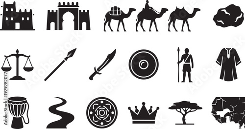 Ancient African kingdom trade icons featuring adobe architecture saharan camel caravans and traditional weaponry