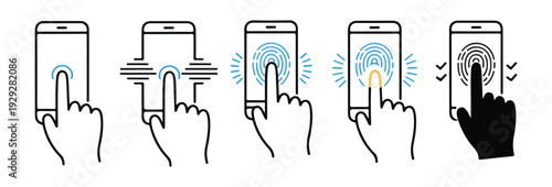 Modern mobile biometric authentication icons showing fingerprint scan animation steps with color touch points