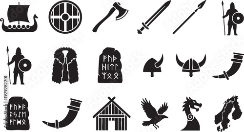 Viking age norse mythology icons including longship drakkar runes helmets and scandinavian cultural elements