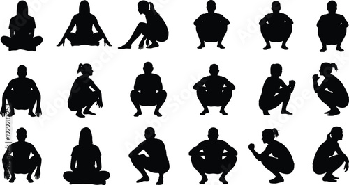Black silhouettes of people in various sitting and squatting poses