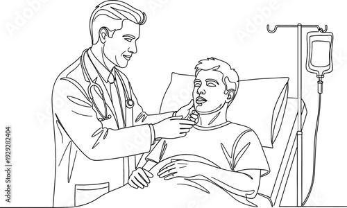 Professional male doctor with stethoscope examining young patient in hospital bed for medical healthcare and recovery vector.