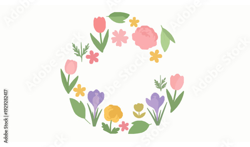 Colorful spring flowers flat vector collection arranged in playful wreath composition isolated on white background