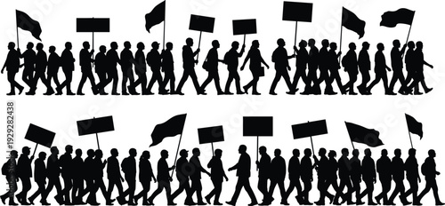 Black silhouettes of people marching with signs and flags protest demonstration