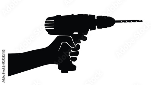 Silhouette illustration depicts a strong hand firmly gripping a cordless power drill with a bit ready for immediate action against a white background.