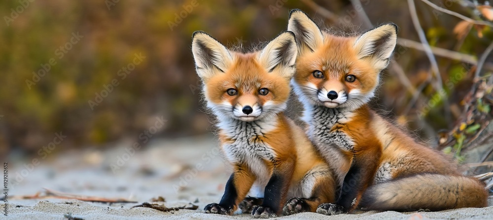 Fototapeta premium Adorable Red Fox Kits Playfully Cuddle Together on the Beach, Capturing Hearts of Nature Lovers