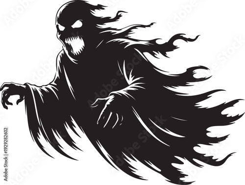 Black ghost with glowing eyes and flowing robe white eyes