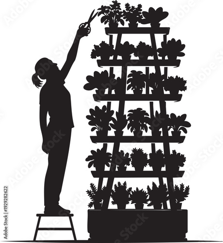 Silhouette of a woman meticulously pruning plants on an innovative multi-tiered vertical garden, embodying sustainable urban agriculture and diligent home gardening