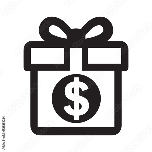 Minimalist flat icon of a wrapped gift box featuring a dollar sign, symbolizing cash bonuses, monetary rewards, financial presents, and donations.